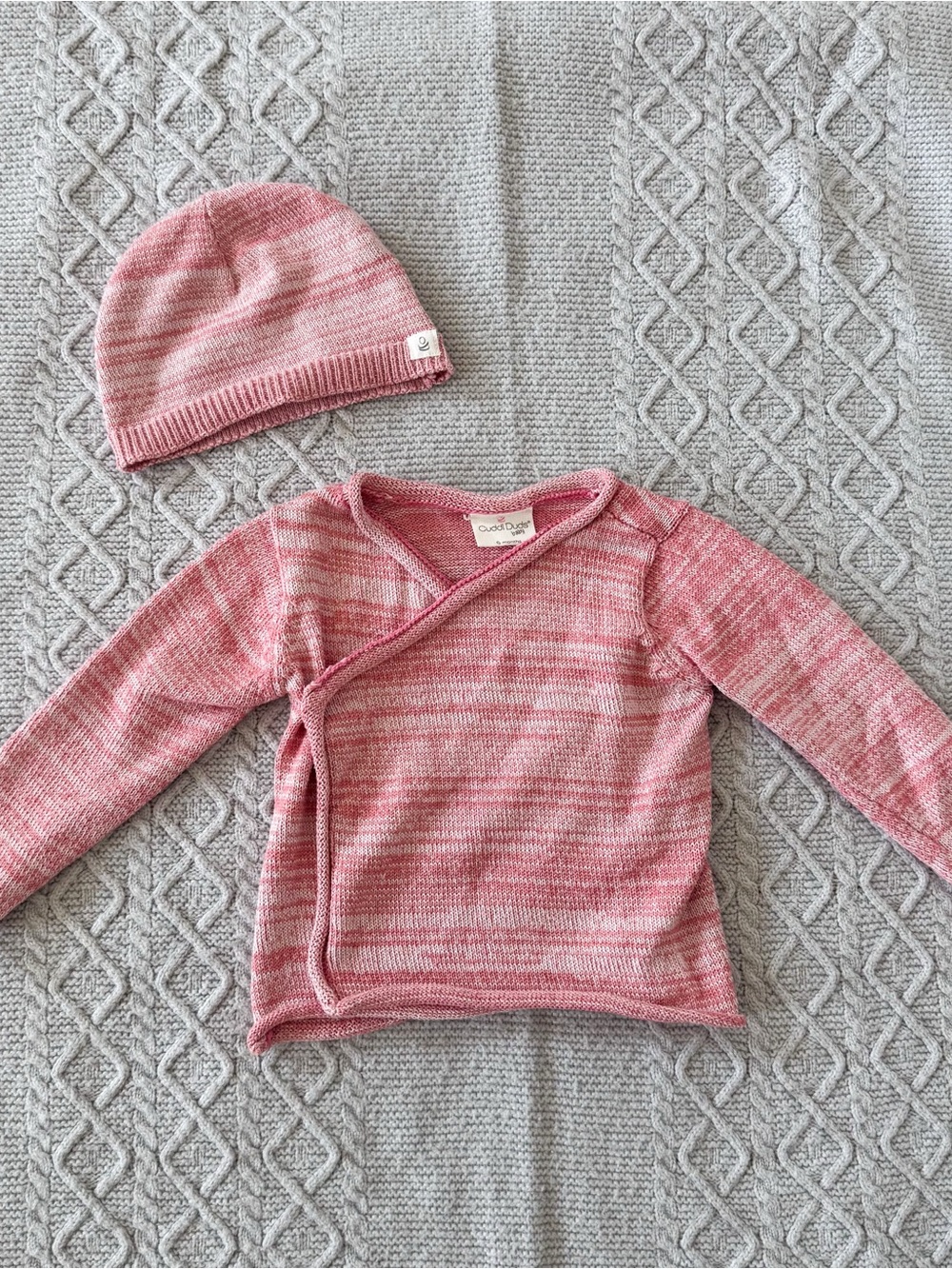 Cuddl Duds Baby Pink Wrap Sweater and Matching Hat